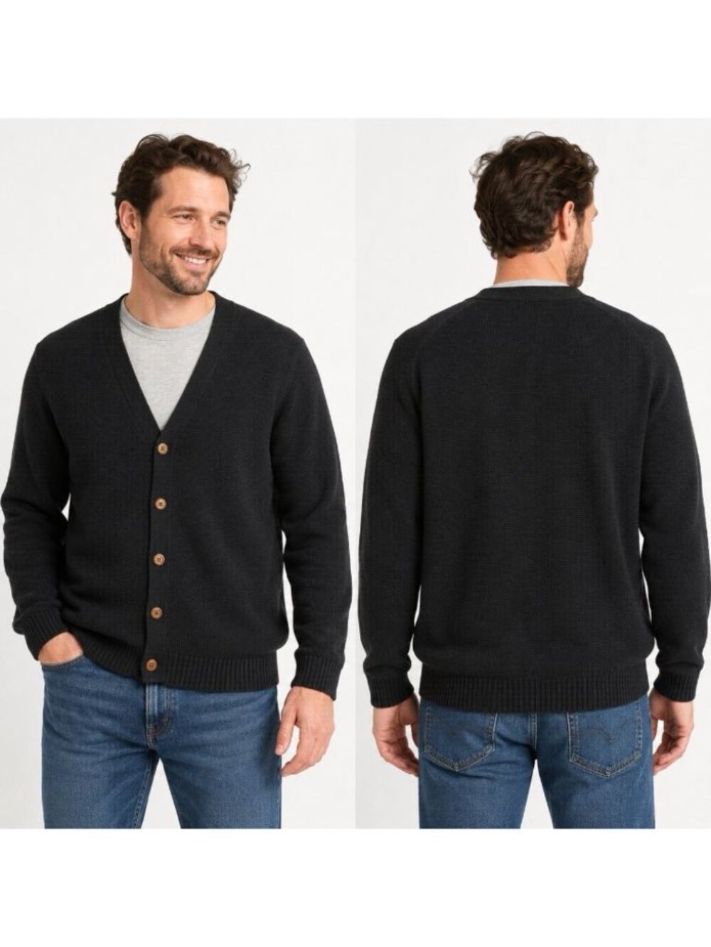LL Bean Heavyweight Knitted Cotton Cardigan Sweater Men's L Reg Black V-Neckline